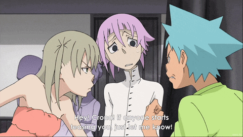 a girl with pink hair says hey crond if anyone starts teasing you let me know