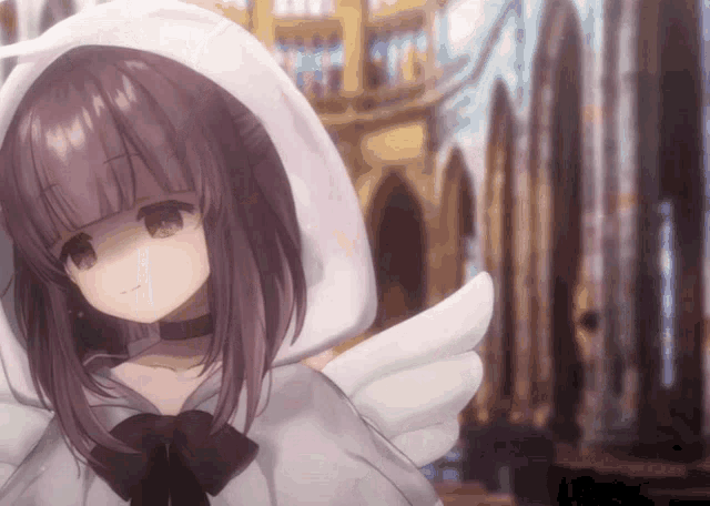a girl with purple hair and white wings is wearing a white hood