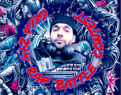 a man wearing headphones stands in front of a poster that says ' rap battle '