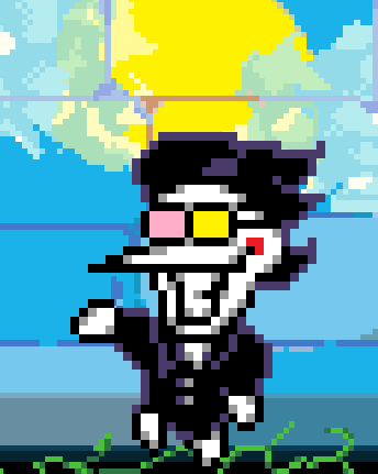a pixel art drawing of a cartoon character with a yellow sun behind him