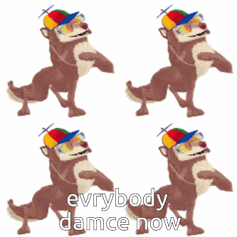 a picture of a dog wearing a hat and sunglasses with the words " everybody dance now "
