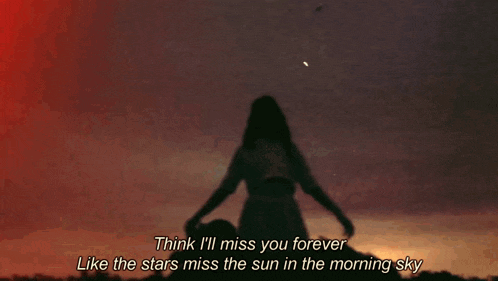 a woman stands in front of a sunset with the words " think i 'll miss you forever " written below her