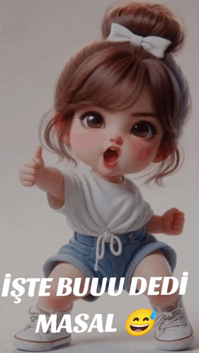 a little girl is giving a thumbs up and has the words iste buuu dedi masal below her