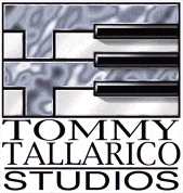 tommy tallarico studios logo with a piano keyboard in the center