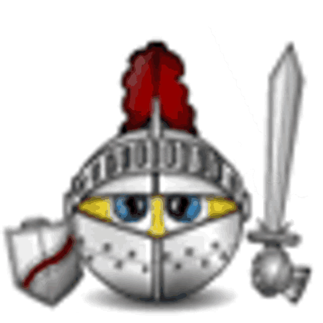 a smiley face in a knight 's helmet is holding a sword .