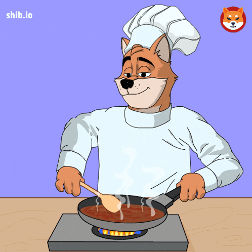 a cartoon of a chef cooking on a stove with shiba.io in the corner