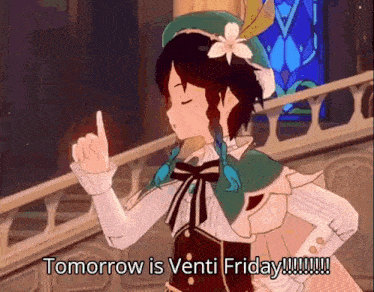 a cartoon character is standing on a balcony and saying `` tomorrow is venti friday !!! ''