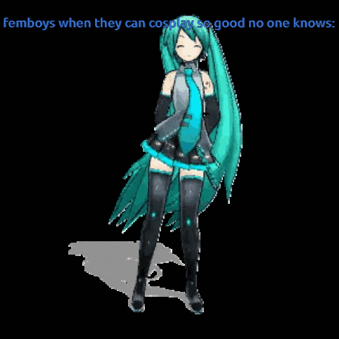 a cartoon of a girl with long green hair and a caption that says femboys when they can cosplay so good no one knows