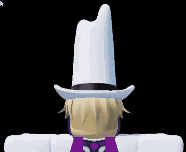 a cartoon character wearing a white cowboy hat and a purple shirt .