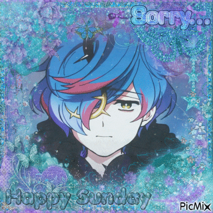 a picture of a blue haired anime character with the words happy sunday
