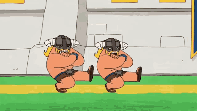 two cartoon vikings are dancing on a green field