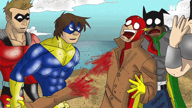 a cartoon of a group of superheros with the word news in the upper left corner