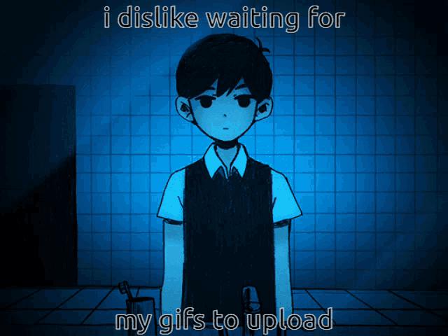 a cartoon of a boy holding a toothbrush with the words i dislike waiting for my gifs to upload below him