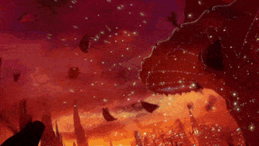 a ferris wheel is surrounded by a red sky