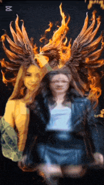 a woman is standing next to a phoenix with flames behind her