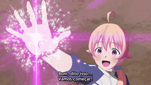 a girl with pink hair says bom dito isso