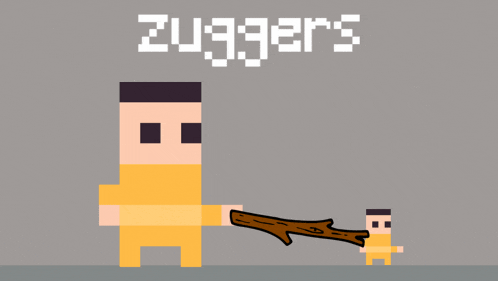 a pixel art drawing of a man holding a stick with the words zuggers written above him