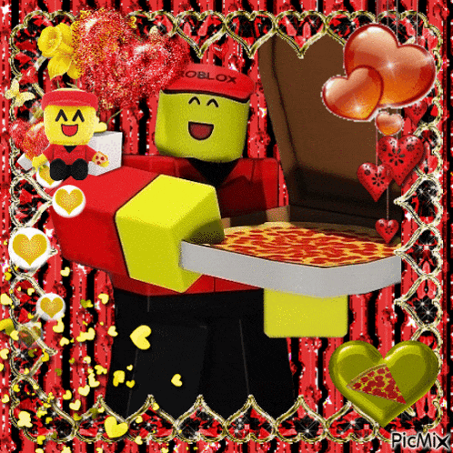 a picture of a roblox character holding a slice of pizza
