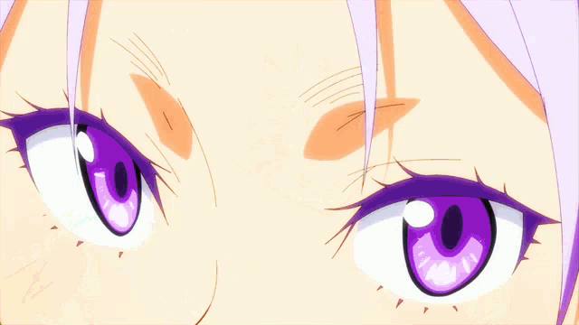 a purple haired anime character with purple eyes