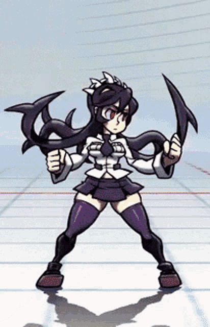 a cartoon character is holding a pair of knives in her hands