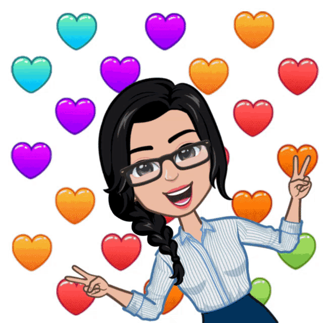 a cartoon of a woman with glasses giving a peace sign