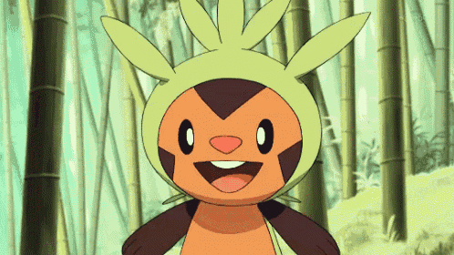 a cartoon character is standing in a bamboo forest and smiling