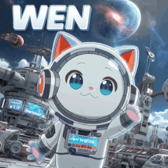 a cat wearing headphones and a space suit with the word wen on the bottom