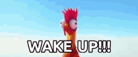 a picture of a rooster with the words wake up written below it