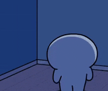 a cartoon character is standing in a corner of a room in front of a blue wall .