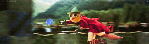 a picture of a stuffed animal flying on a broom with the words " pottersabbie " at the bottom