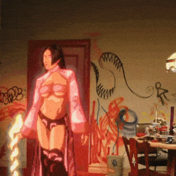 a painting of a woman standing in front of a wall with graffiti on it that says ' tdrb '