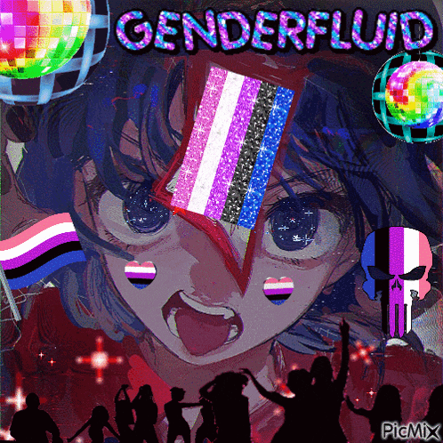a drawing of a girl with a flag on her face and the words genderfluid on top