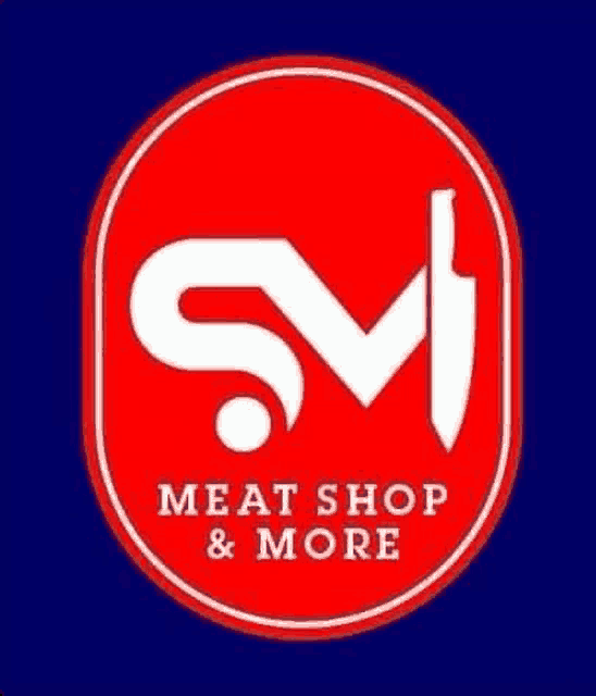 the logo for sm meat shop and more is a red circle with a white letter m inside of it .