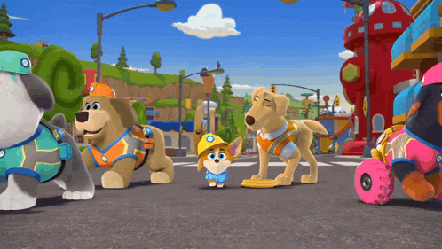 a group of cartoon dogs standing on a city street