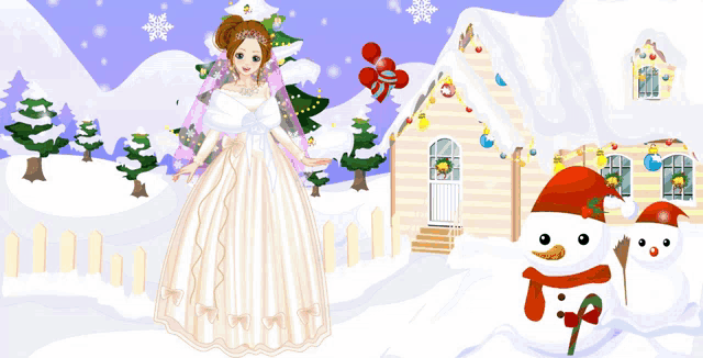 a girl in a white dress is standing in the snow near a snowman