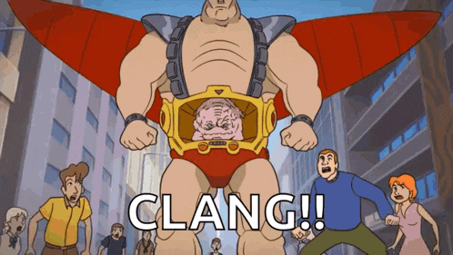 a cartoon of a man with wings and the word clang written on the bottom