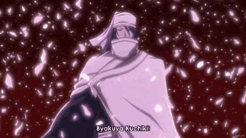 a man in a white cape with byakuya kuchiki written on the bottom right