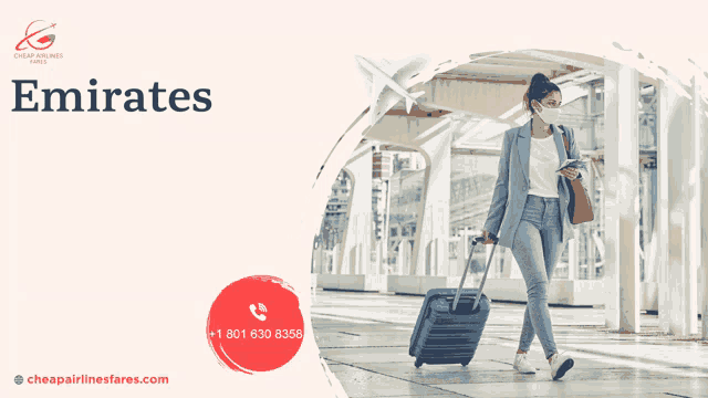 a woman wearing a mask is walking with a suitcase and the words emirates on the top