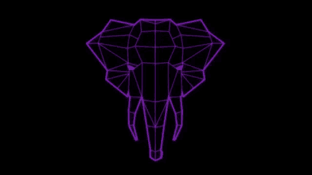 a purple elephant head made of lines on a black background .