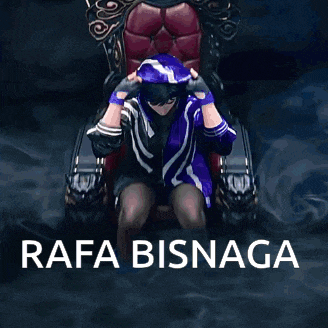 a woman in a purple jacket is sitting on a throne with the words rafa bisnaga written on the bottom