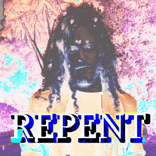 a painting of jesus with flowers on his face and the word repent