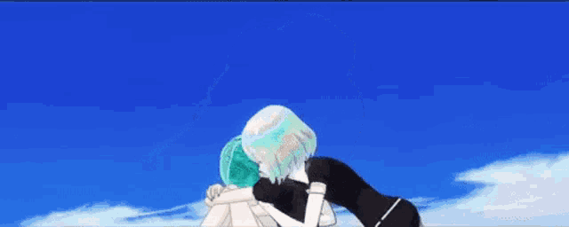 two anime characters are sitting next to each other on a beach .