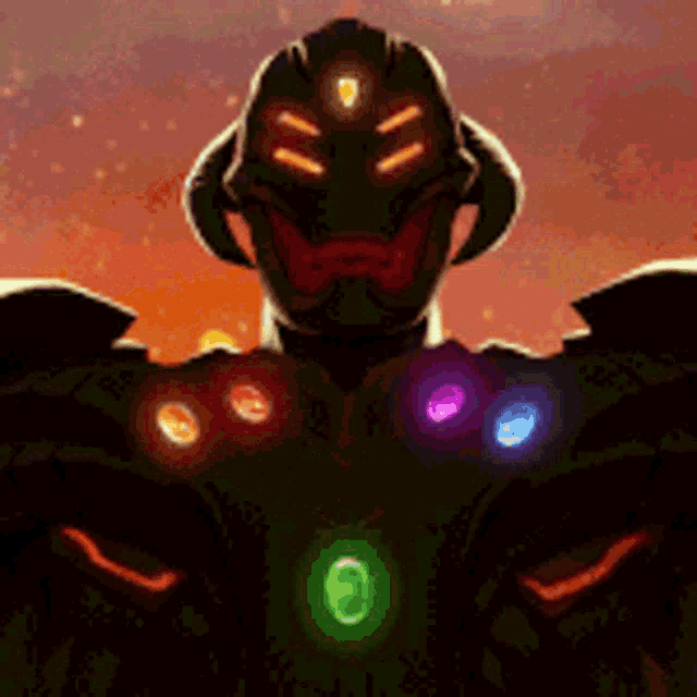 a cartoon drawing of a monster with the infinity stones