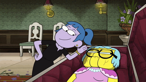 a woman in a black dress is standing next to a yellow and blue cartoon character