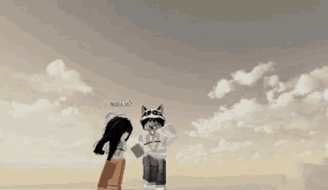 a girl and a boy are standing in front of a cloudy sky and their names are visible on the bottom