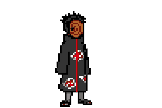 a pixel art of a black and white swirl with a red circle in the middle
