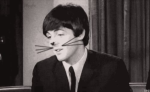 a black and white photo of a man wearing a suit and tie with a cat nose .