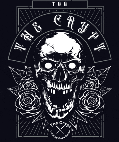 a black and white drawing of a skull and roses with the words the crypt trading card game below it