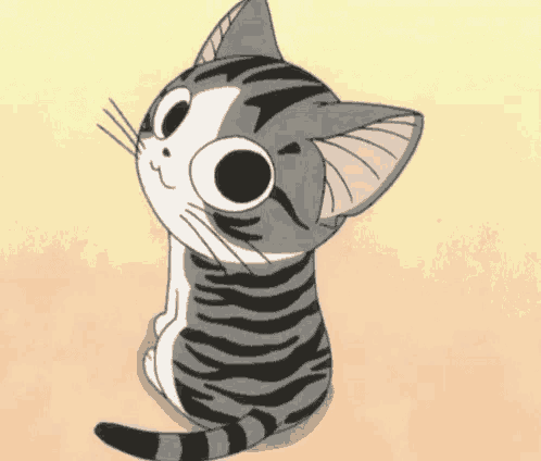 a cartoon cat is sitting down and looking up at the camera