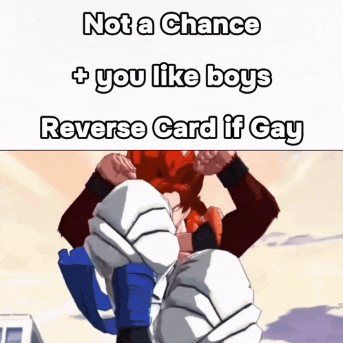 a cartoon character with the words not a chance + you like boys reverse card if gay